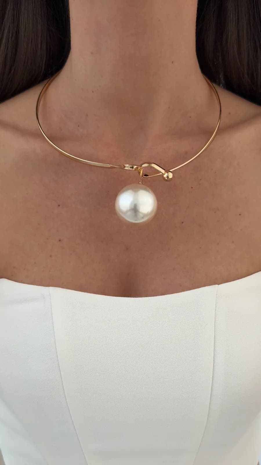 Özel Seri Büyük Top İnci Detay Gold Choker Kolye