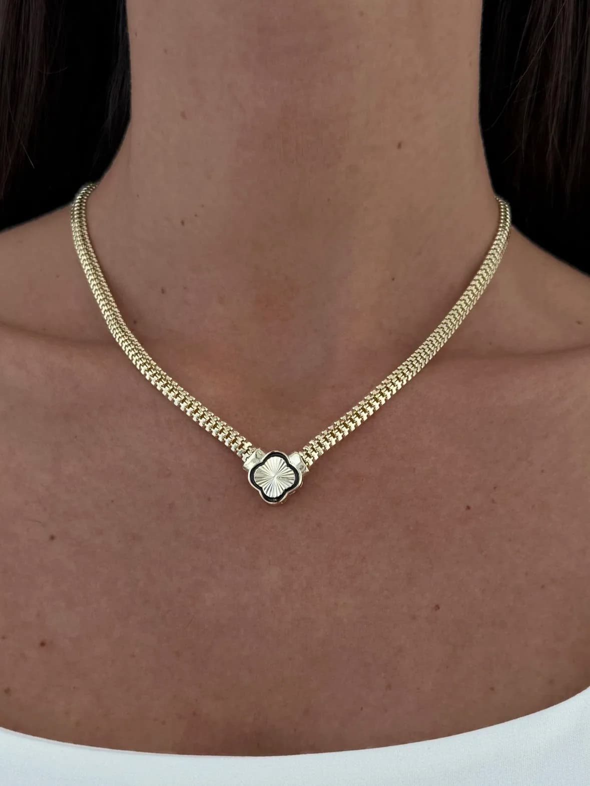 Özel Seri Yılan Sırtı Zincir Yonca Tasarım Gold Kolye