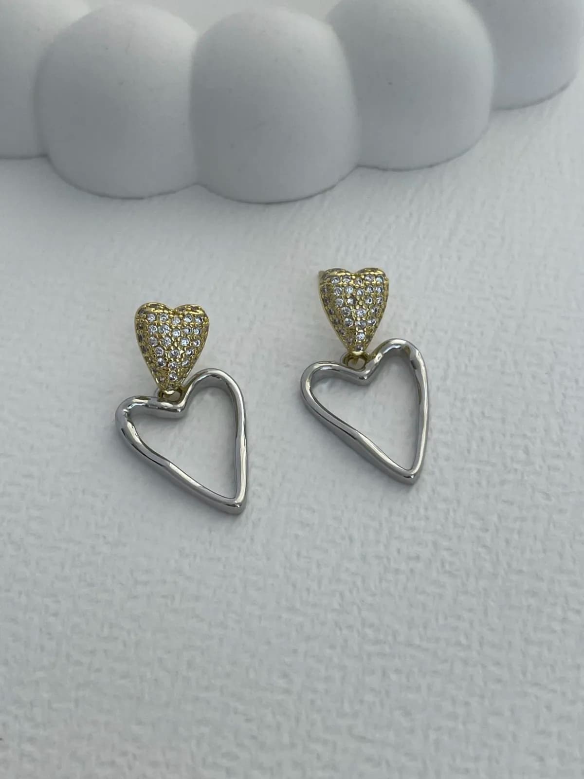 Özel Seri Gold &amp; Gümüş Zirkon Taşlı Kalp Küpe