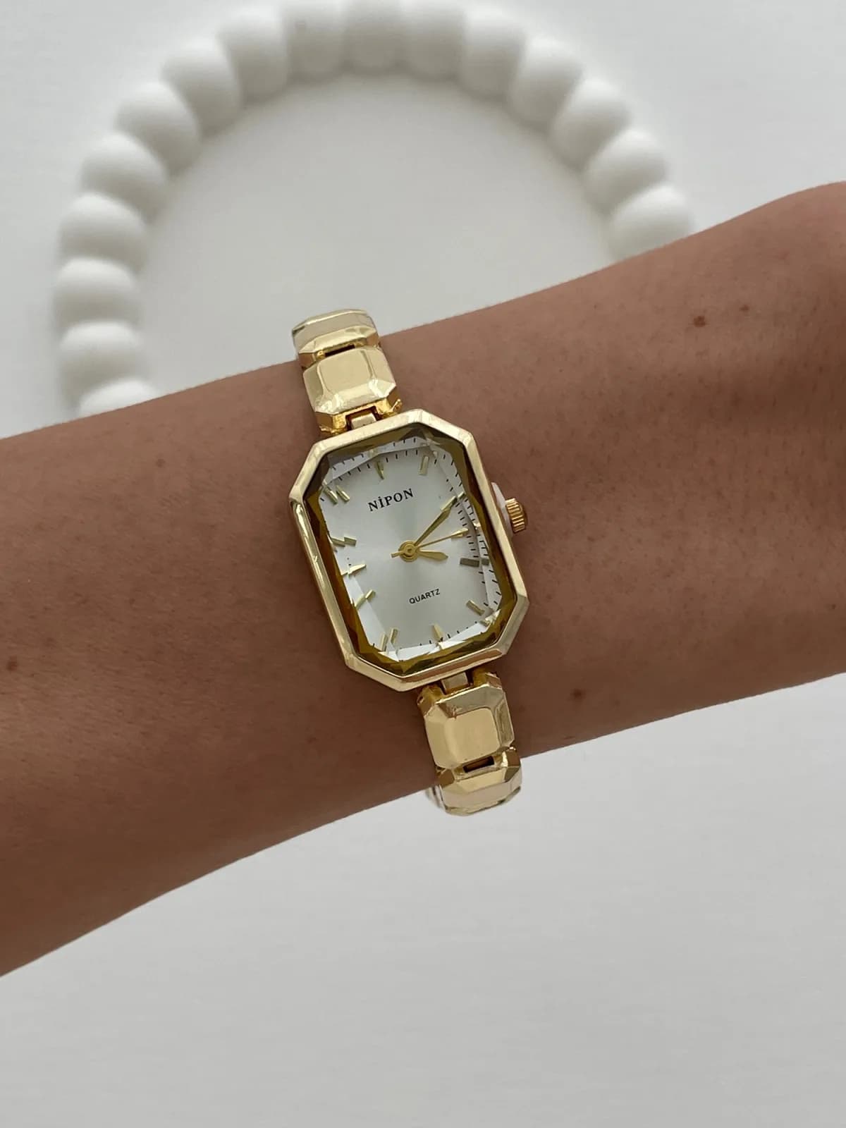 Dikdörtgen Tasarım Kadranı Beyaz Gold Vintage Saat
