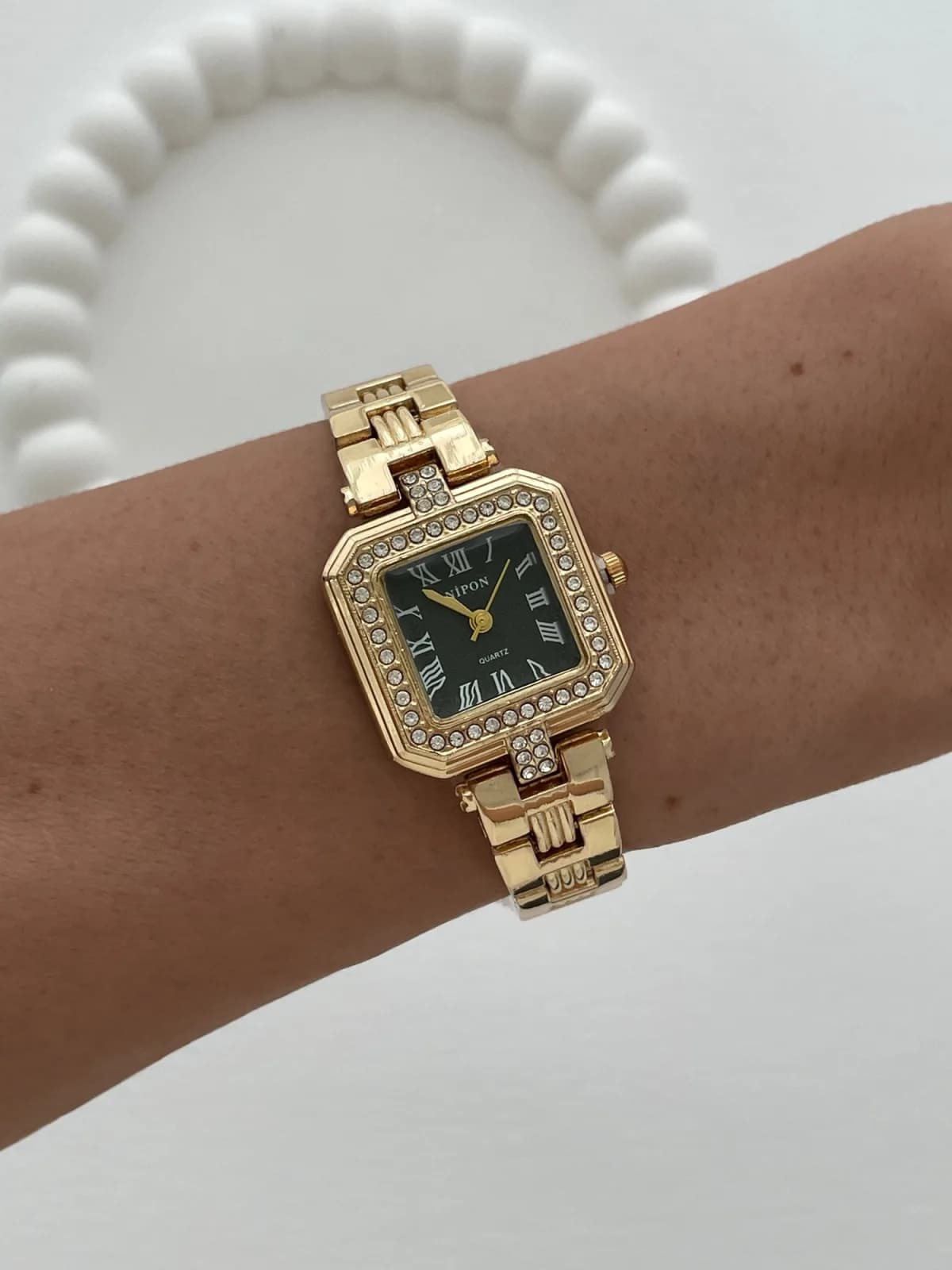 Kare Tasarım Zirkon Taşlı Kadranı Siyah Gold Vintage Saat