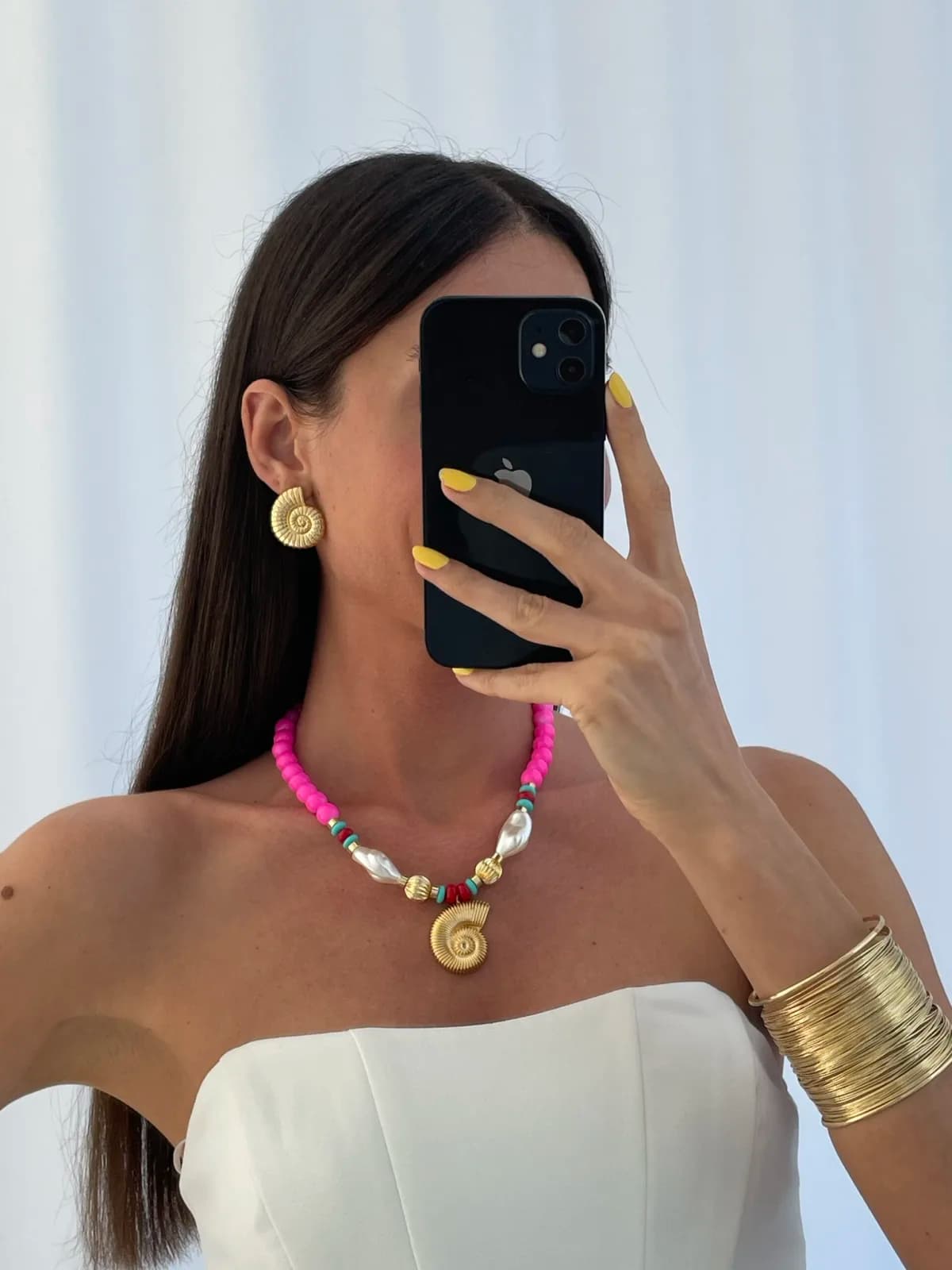 Özel Seri Deniz Kabuğu &amp; İnci Neon Pembe Gold Kolye