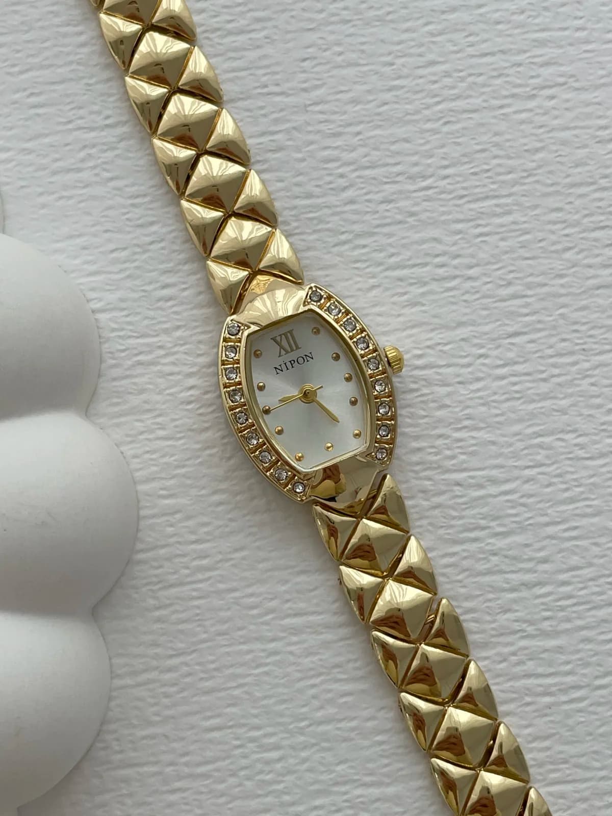 Oval Tasarım Zirkon Taşlı Kadranı Beyaz Gold Vintage Saat