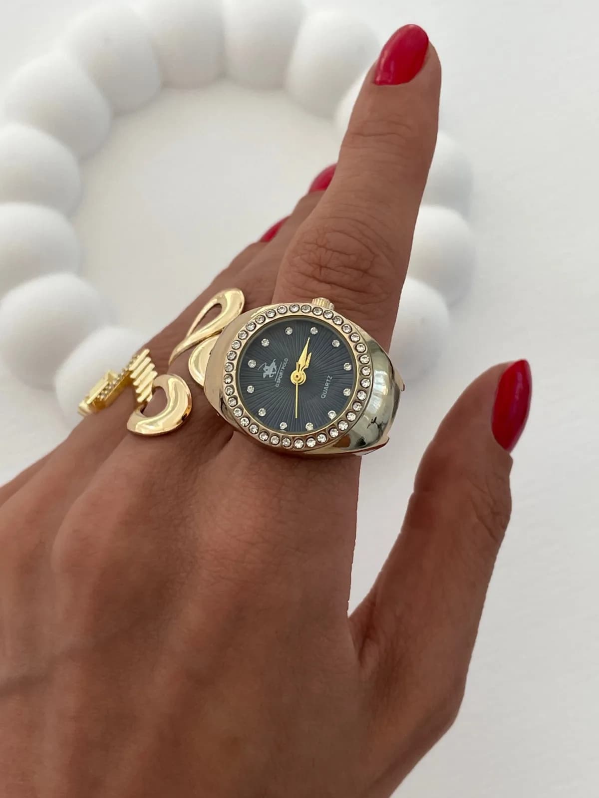 Özel Seri Saat Tasarım Zirkon Taşlı Kadranı Siyah Gold Yüzük