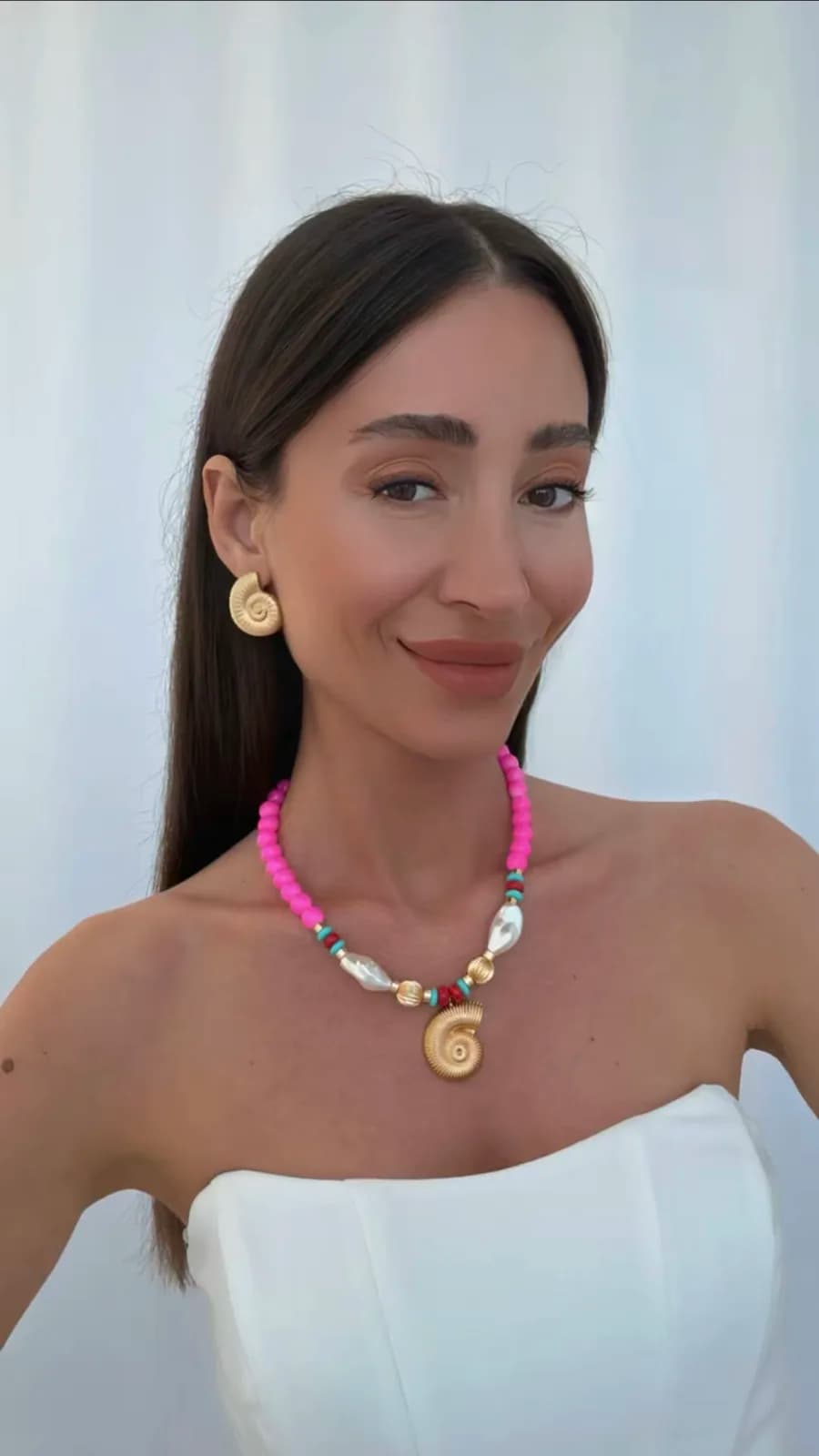 Özel Seri Deniz Kabuğu &amp; İnci Neon Pembe Gold Kolye