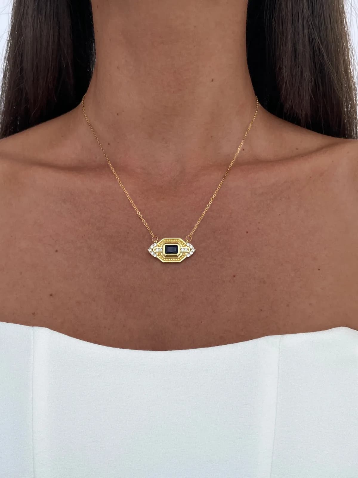 Özel Seri Zirkon &amp; Lacivert Taşlı Marka Model Serenay Gold Kolye