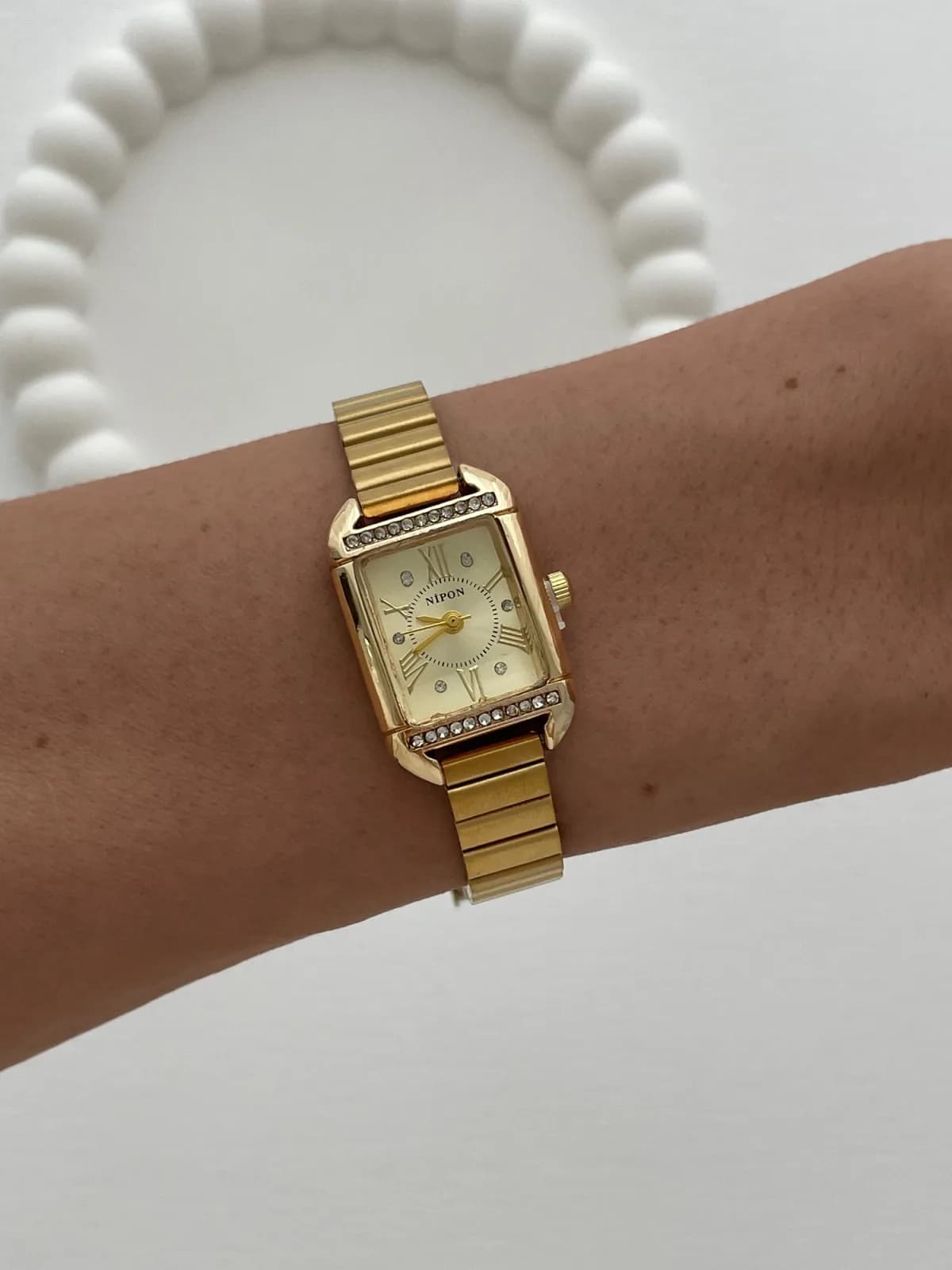 Dikdörtgen Tasarım Zirkon Taşlı Kadranı Sarı Gold Vintage Saat