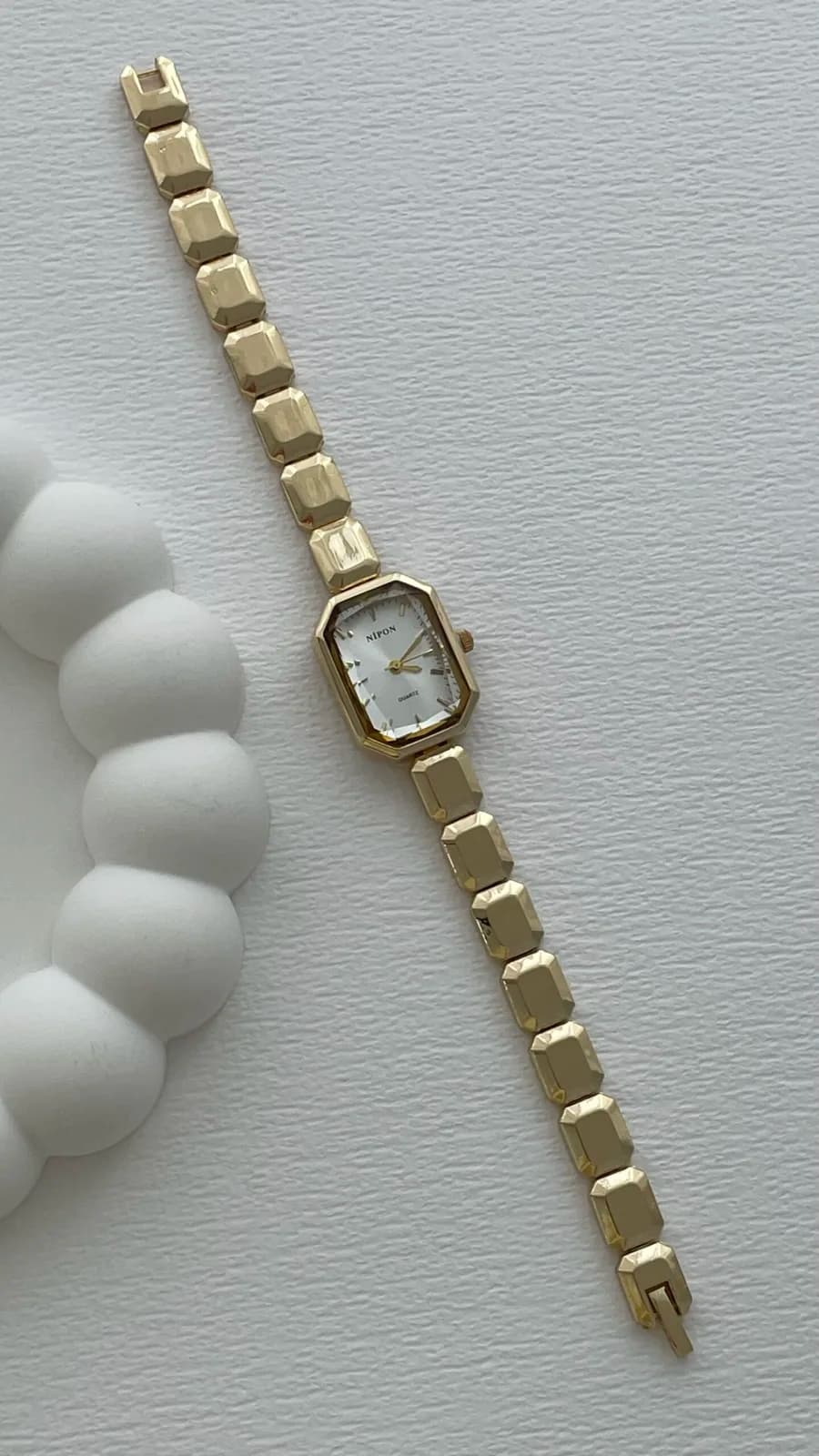 Dikdörtgen Tasarım Kadranı Beyaz Gold Vintage Saat