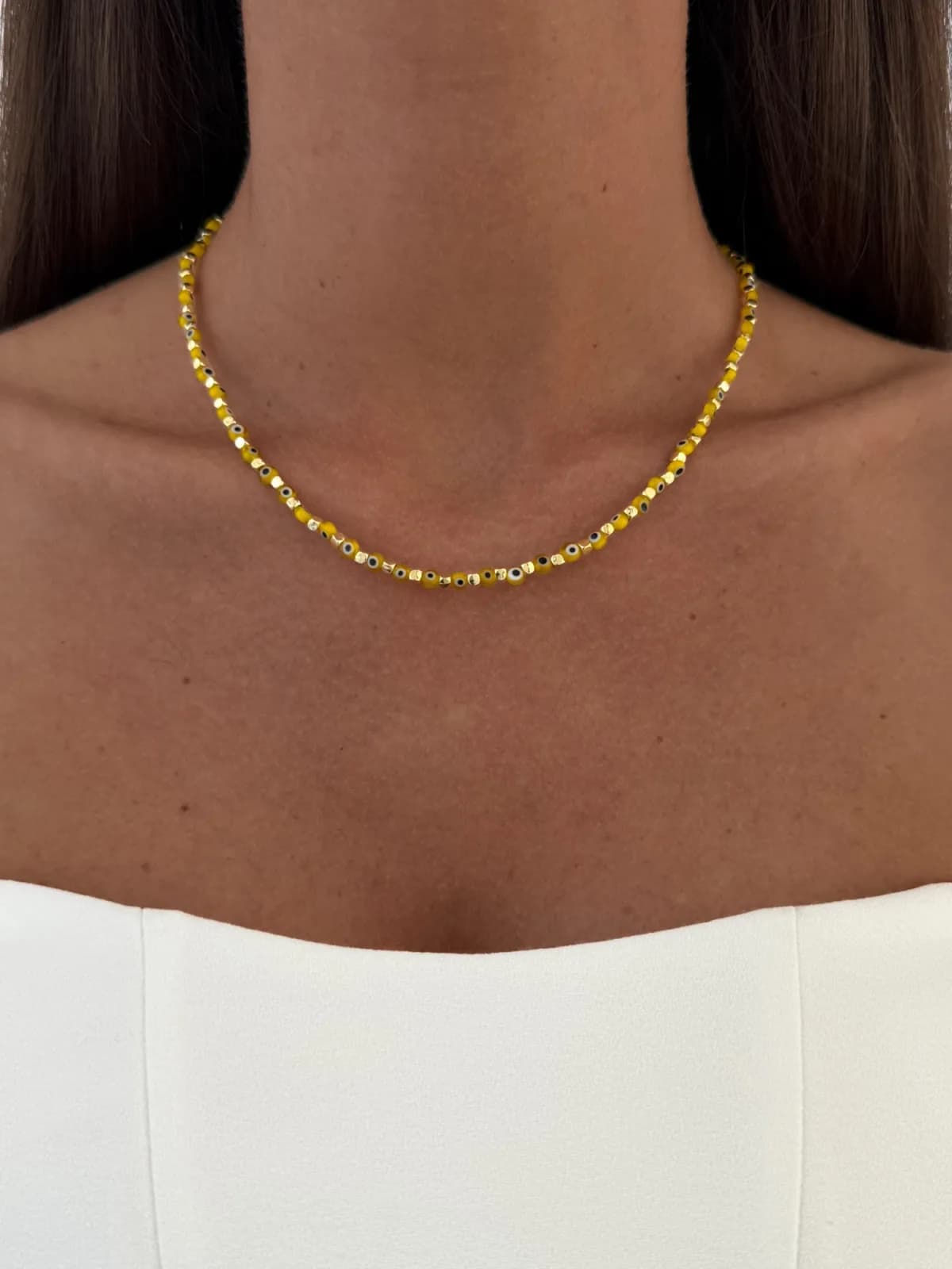 Özel Seri Nazar Motif Sarı Boncuklu Gold Kolye