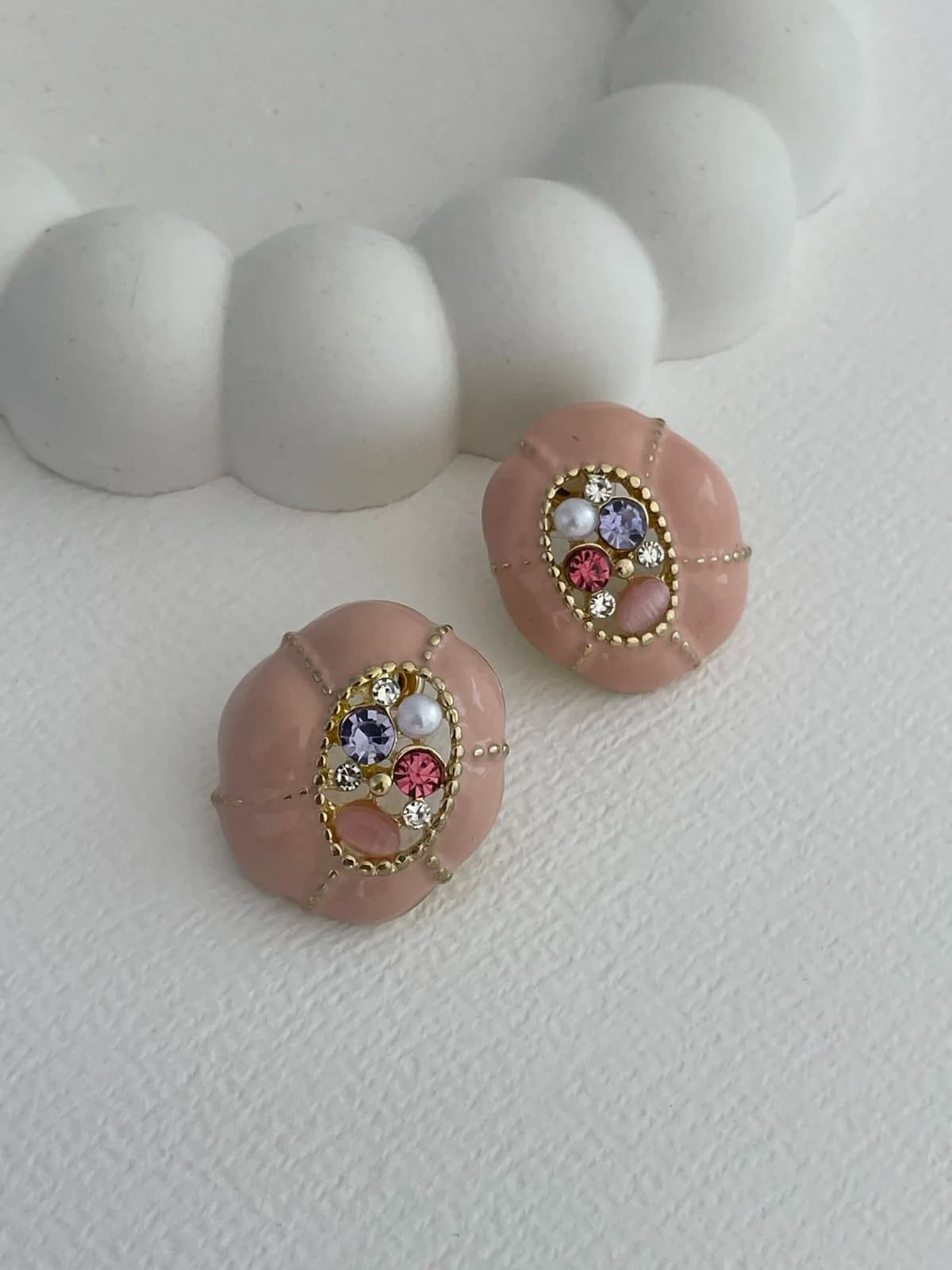 Özel Seri Zirkon Taş İncili Vintage Pembe Gold Küpe