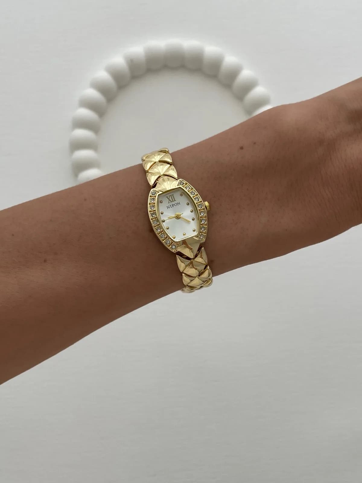 Oval Tasarım Zirkon Taşlı Kadranı Beyaz Gold Vintage Saat