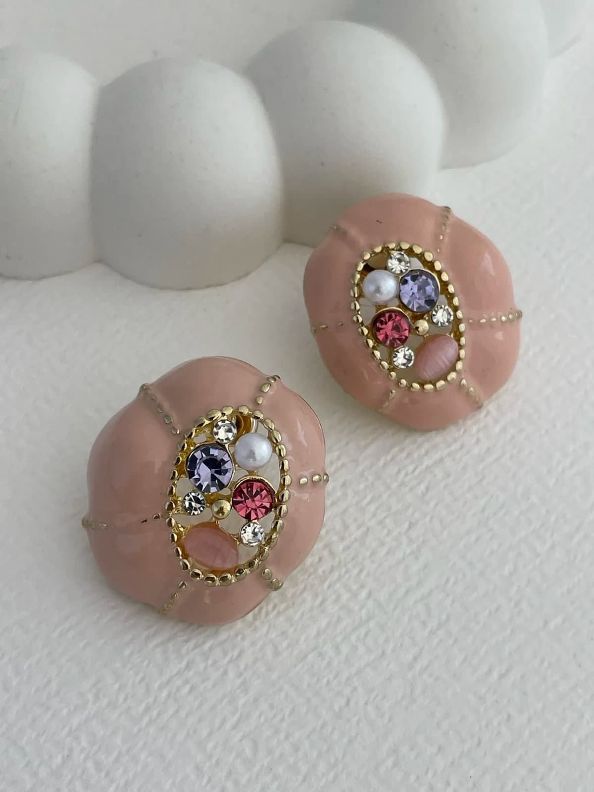Özel Seri Zirkon Taş İncili Vintage Pembe Gold Küpe