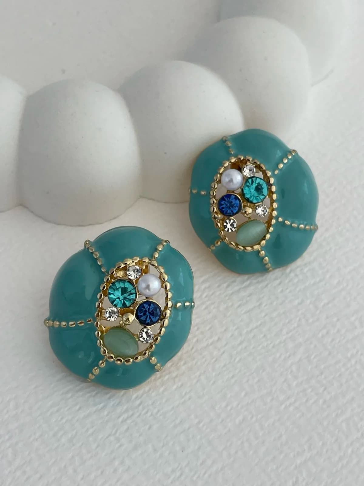 Özel Seri Zirkon Taş İncili Vintage Yeşil Gold Küpe