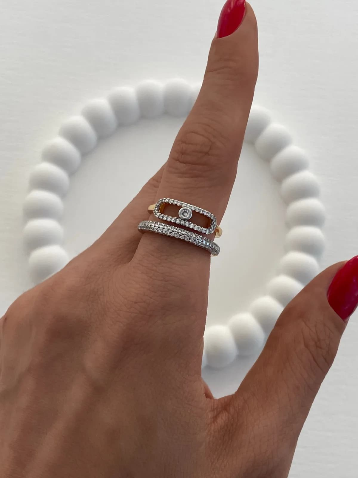 Özel Seri Marka Model İkili Zirkon Taşlı Gold Ayarlanabilir Yüzük