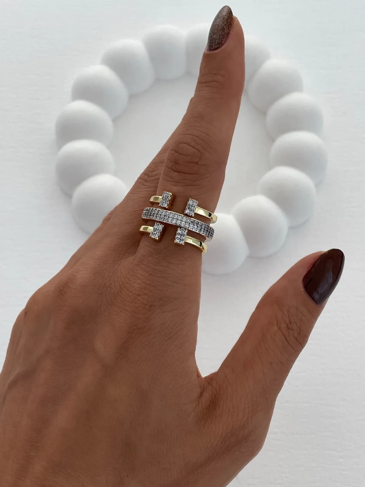 Özel Seri Zirkon Taş Geometrik Tasarım Ayarlanabilir Gold Yüzük