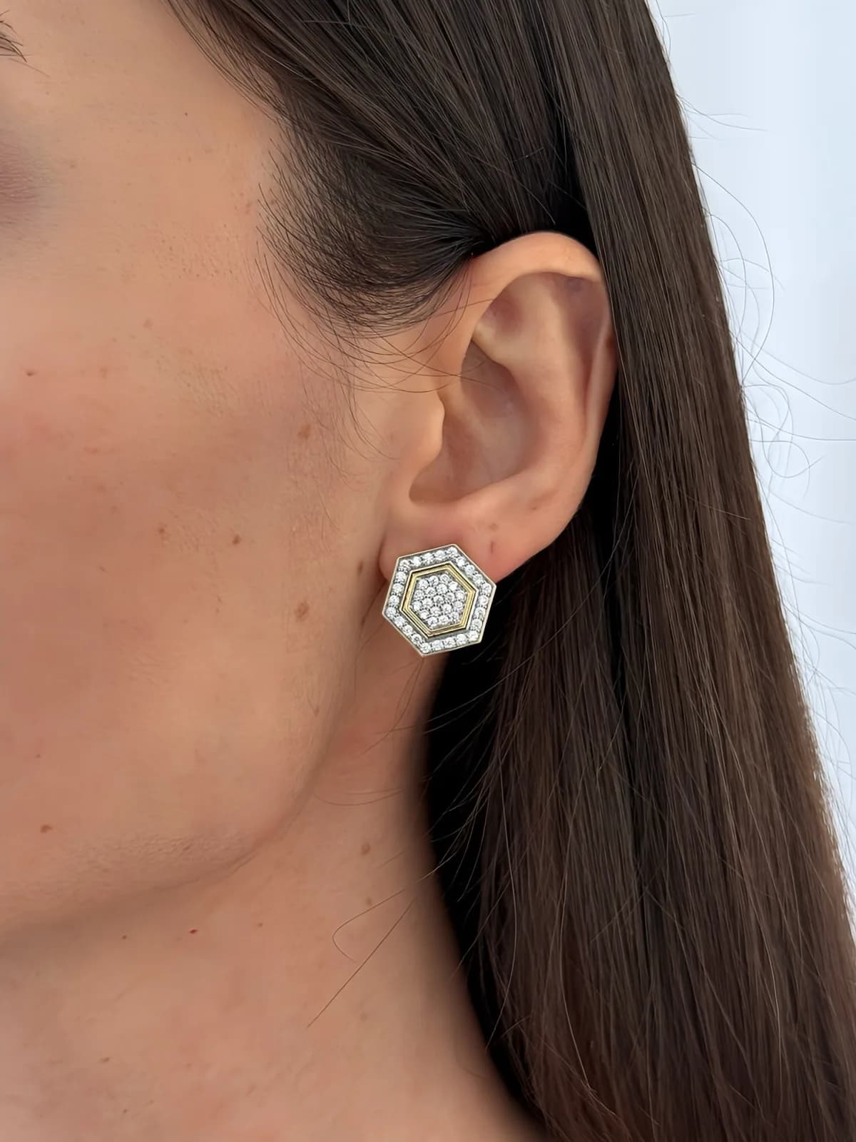 Özel Seri Zirkon Taşlı Altıgen Tasarım Gold Küpe