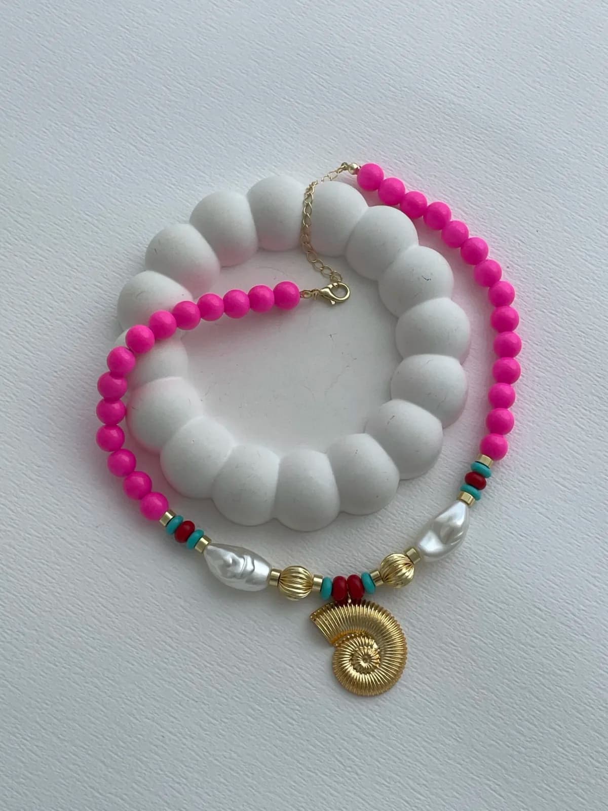 Özel Seri Deniz Kabuğu &amp; İnci Neon Pembe Gold Kolye