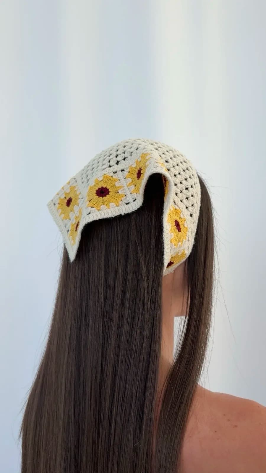 Sarı Çiçek Tasarım Örgü Krem Bandana