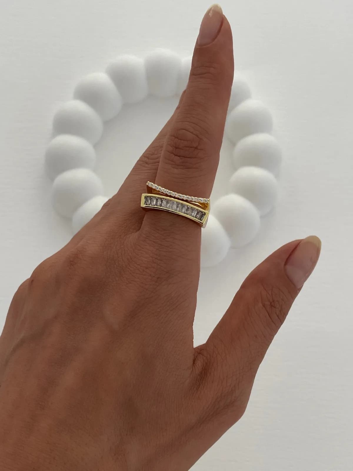 Özel Seri Zirkon &amp; Baget Taşlı İkili Gold Ayarlanabilir Yüzük
