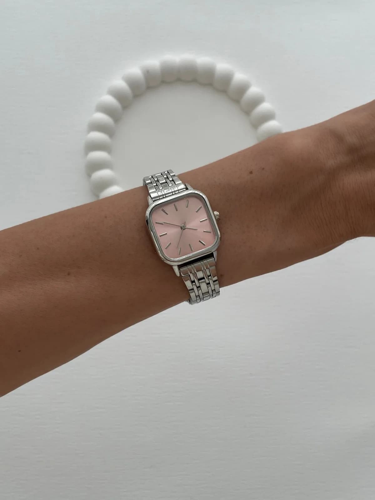 Kare Tasarım Kadranı Pembe Gümüş Vintage Saat