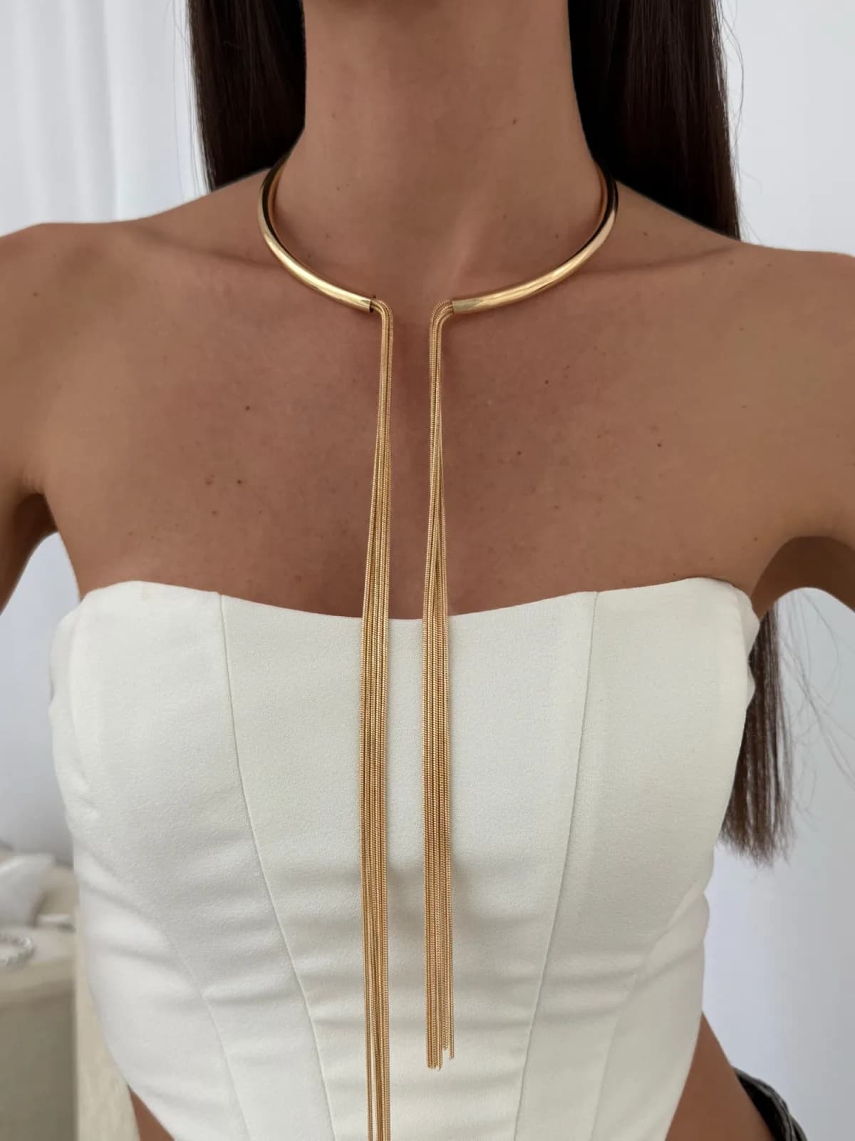 Özel Seri Uzun Zincir Tasarım Gold Choker Kolye
