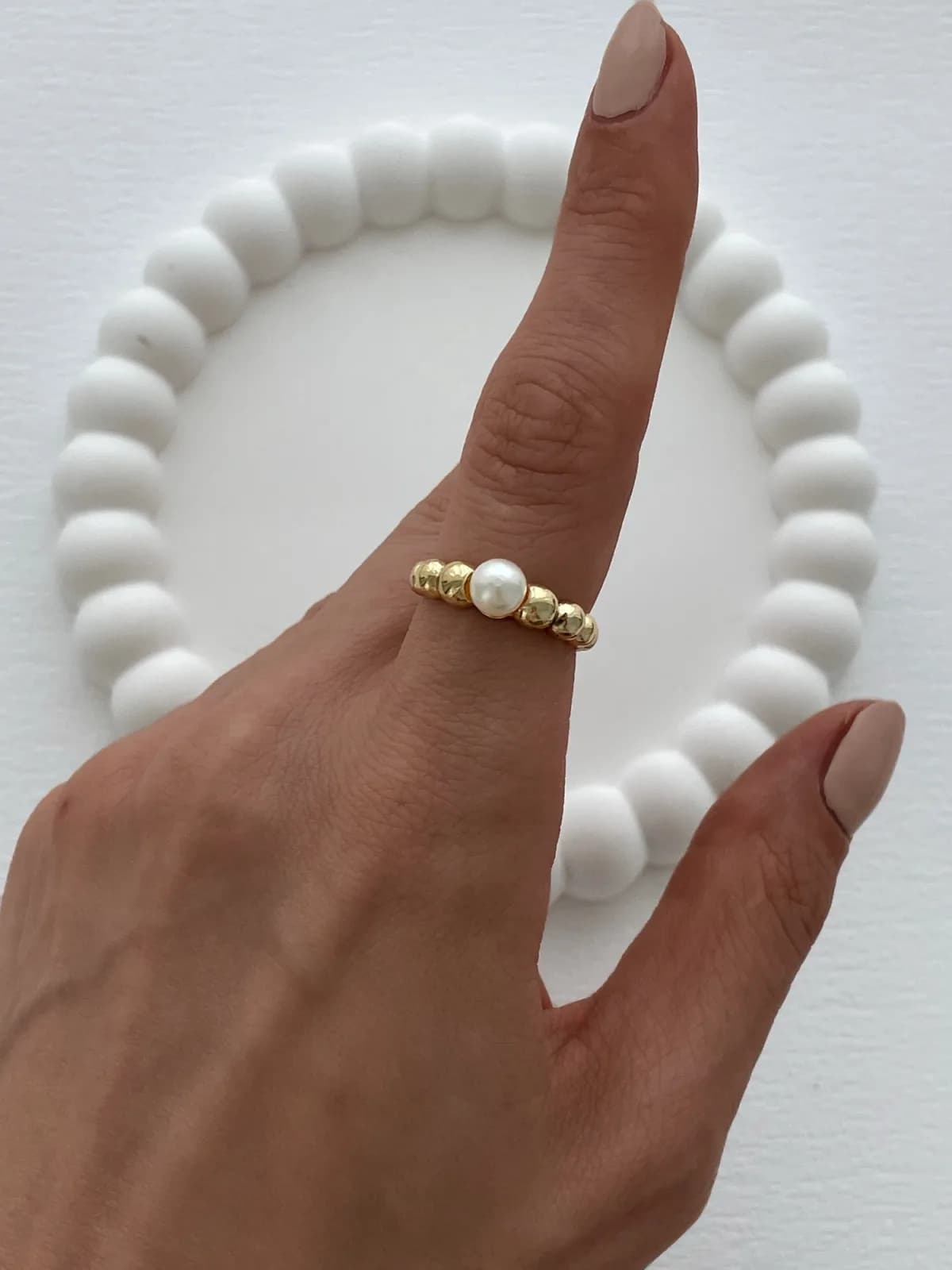 Özel Seri Ayarlanabilir Gold Tek Taş İnci Yüzük
