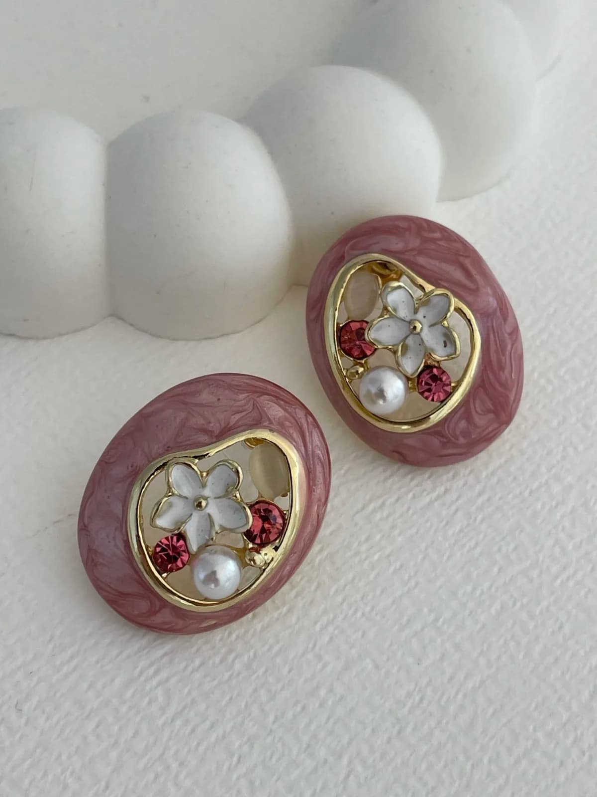 Özel Seri Zirkon Taş İncili Oval Tasarım Pembe Gold Küpe