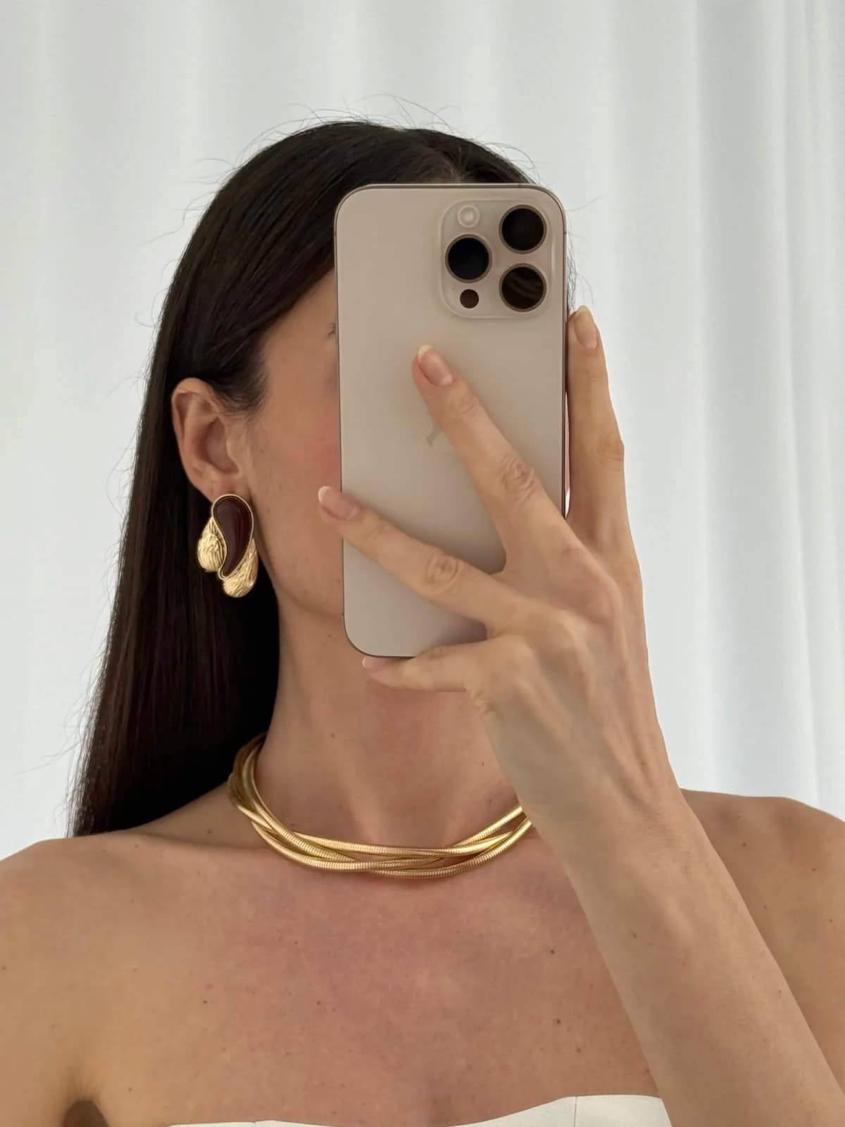 Özel Seri Üçlü Damla Model Kahverengi Mineli Desenli Gold Küpe
