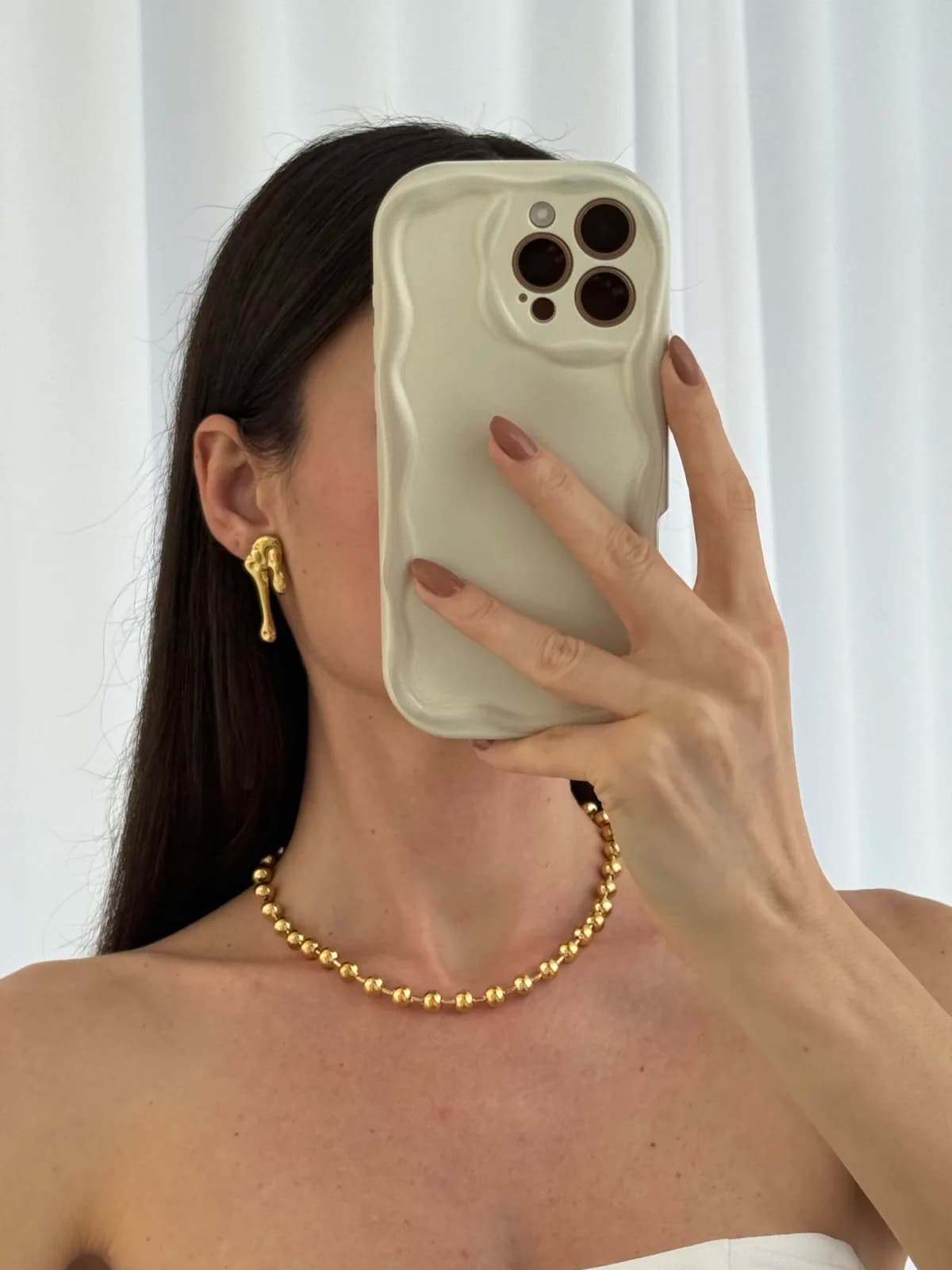 Çelik Desenli Damla Tasarım Gold Küpe