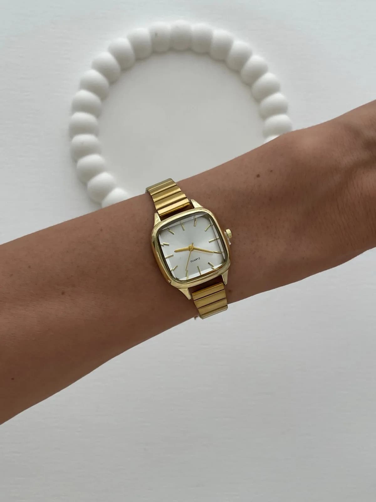 Kare Tasarım Kadranı Beyaz Gold Vintage Saat
