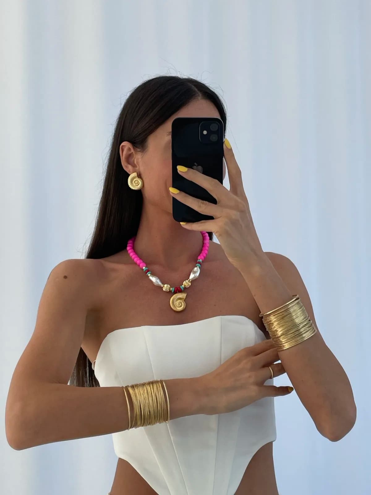 Özel Seri Deniz Kabuğu &amp; İnci Neon Pembe Gold Kolye
