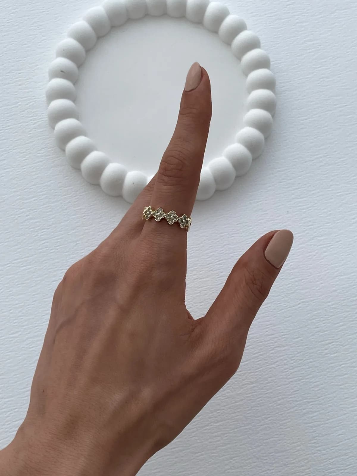 Özel Seri Marka Model Yonca Tasarım Zirkon Taşlı Ayarlanabilir Gold Yüzük