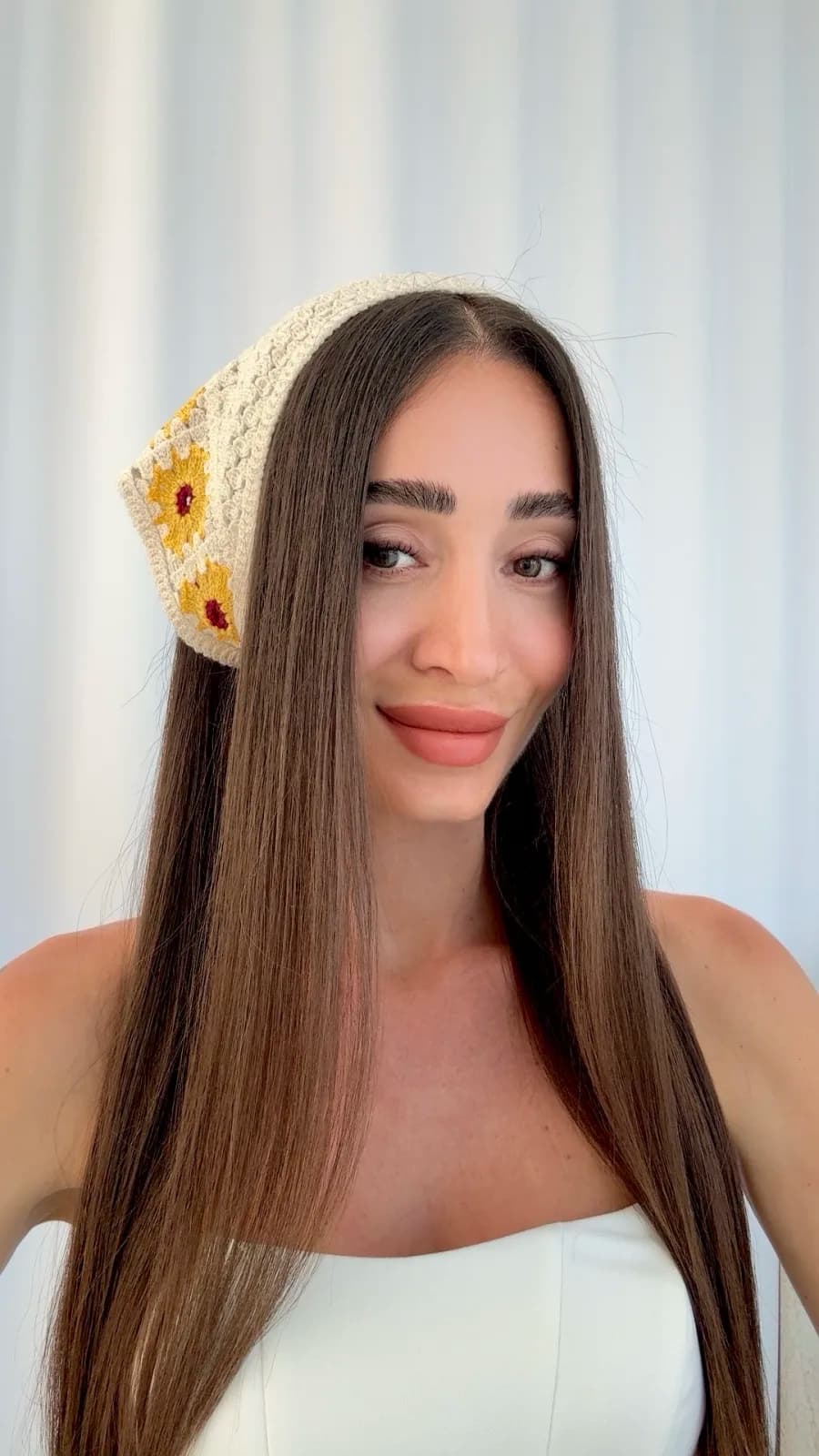 Sarı Çiçek Tasarım Örgü Krem Bandana