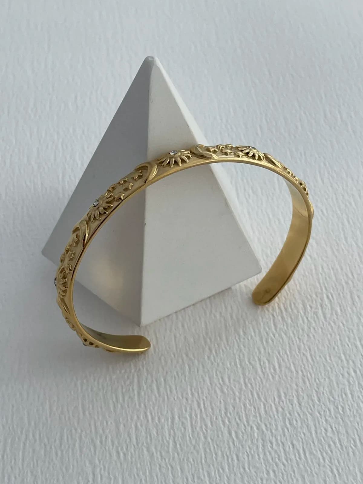 Çelik Zirkon Taşlı Ay &amp; Güneş Tasarım Sıkıştırılabilir Gold Bileklik