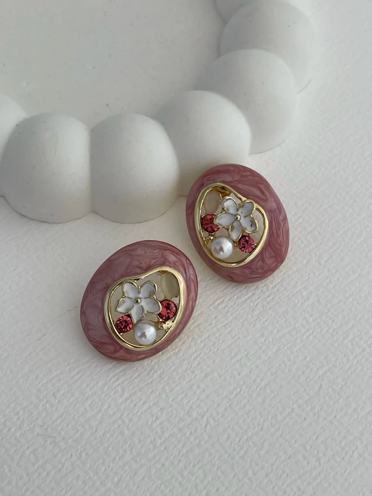 Özel Seri Zirkon Taş İncili Oval Tasarım Pembe Gold Küpe