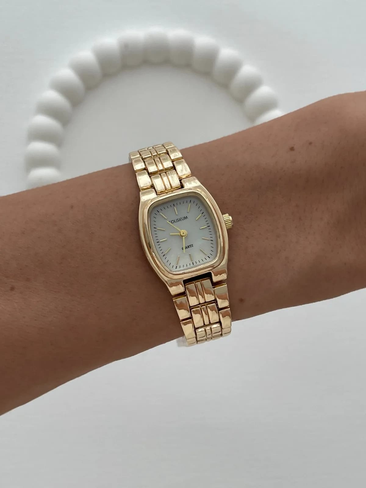 Kare Tasarım Kadranı Beyaz Gold Vintage Saat