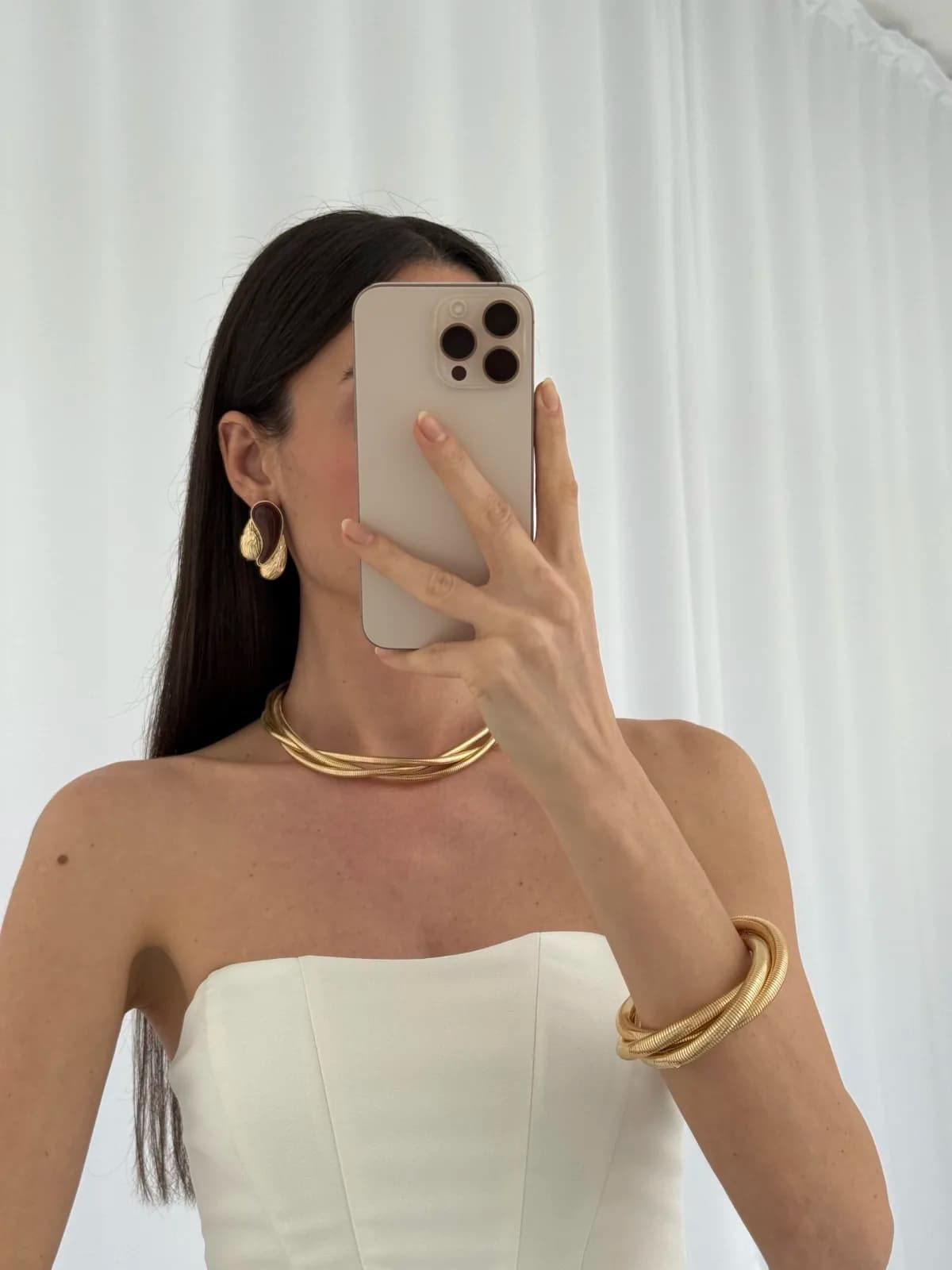 Özel Seri Üçlü Damla Model Kahverengi Mineli Desenli Gold Küpe