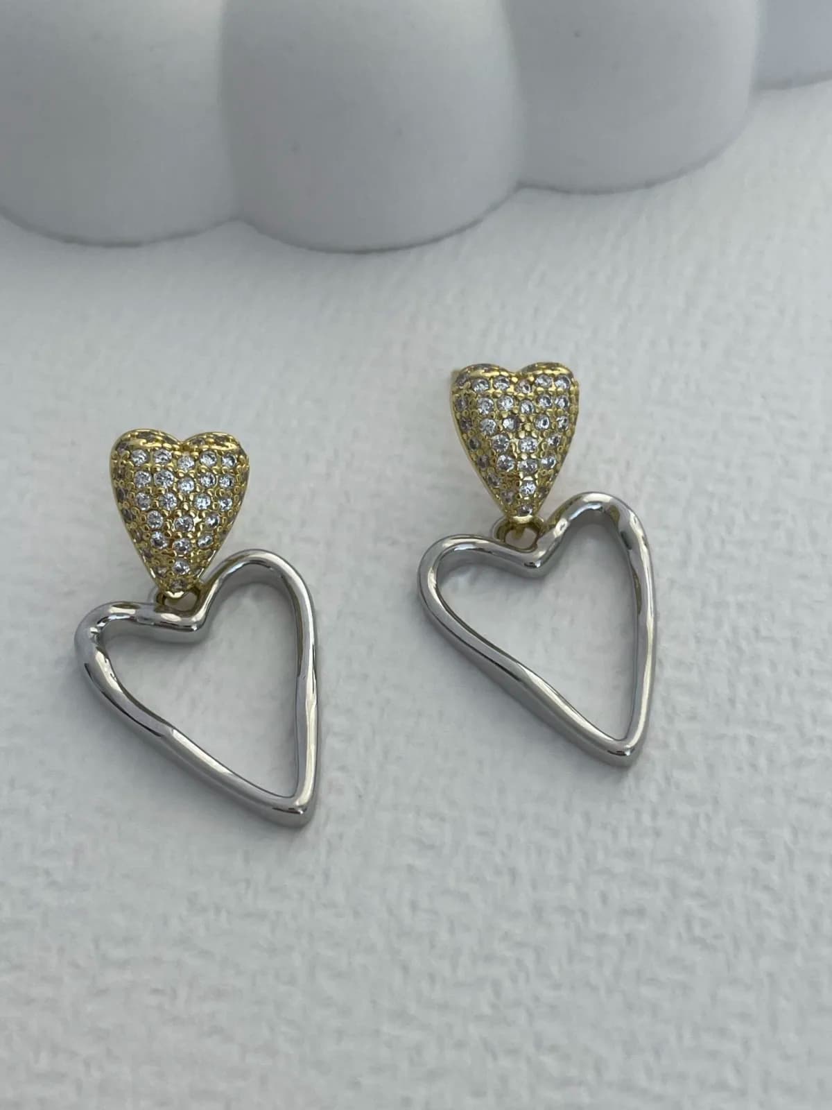 Özel Seri Gold &amp; Gümüş Zirkon Taşlı Kalp Küpe