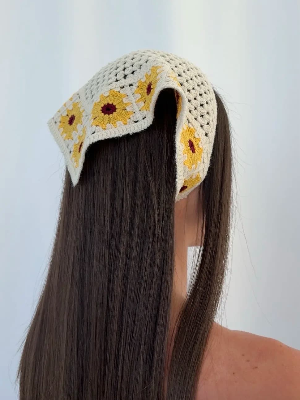 Sarı Çiçek Tasarım Örgü Krem Bandana