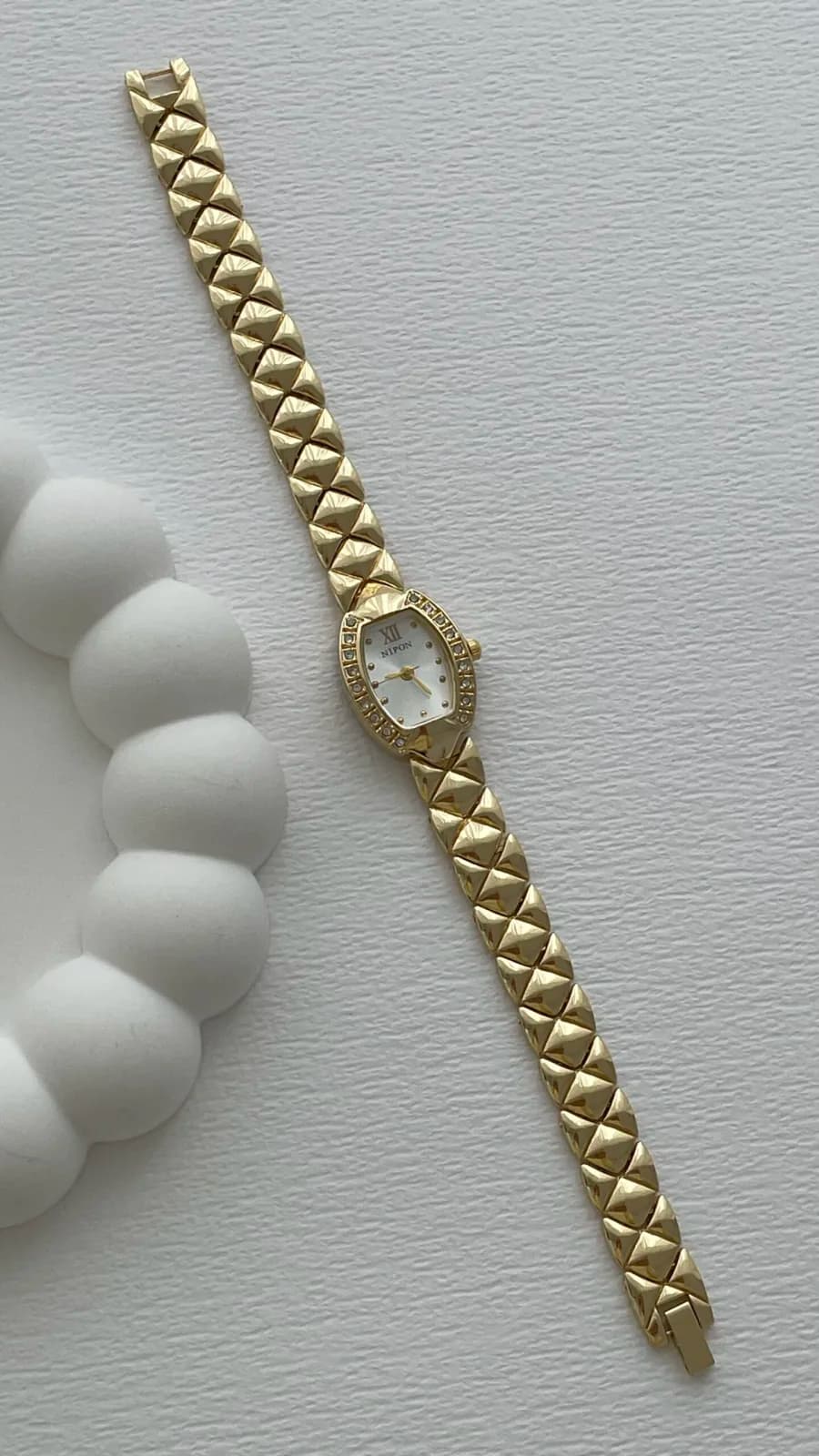 Oval Tasarım Zirkon Taşlı Kadranı Beyaz Gold Vintage Saat