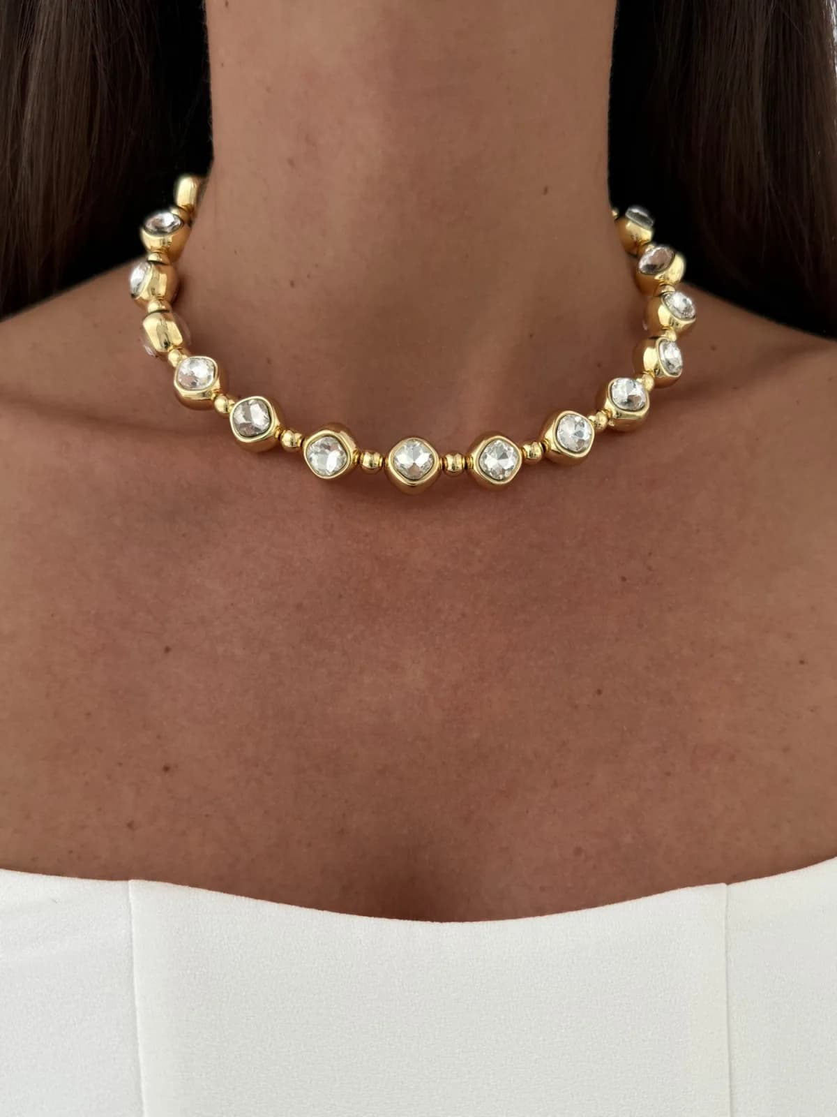 Özel Seri Çift Tarafı Zirkon Taşlı Gold Yuvarlak Choker Kolye