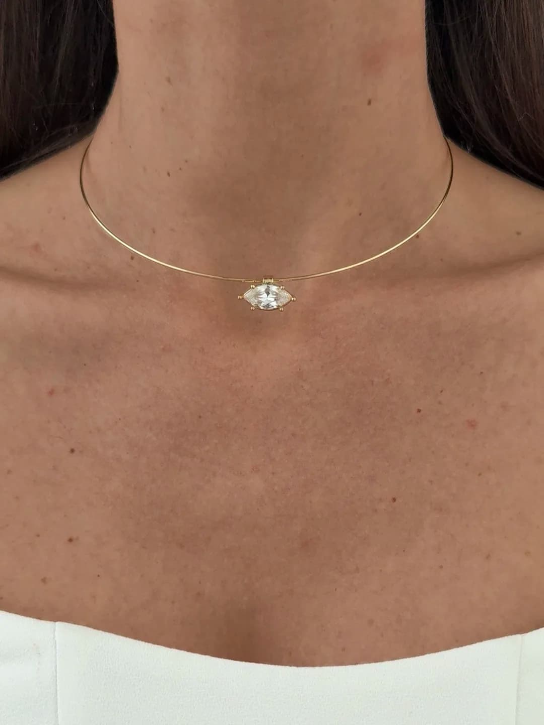 Özel Seri Damla Tasarım Baget Taşlı Gold Choker Kolye
