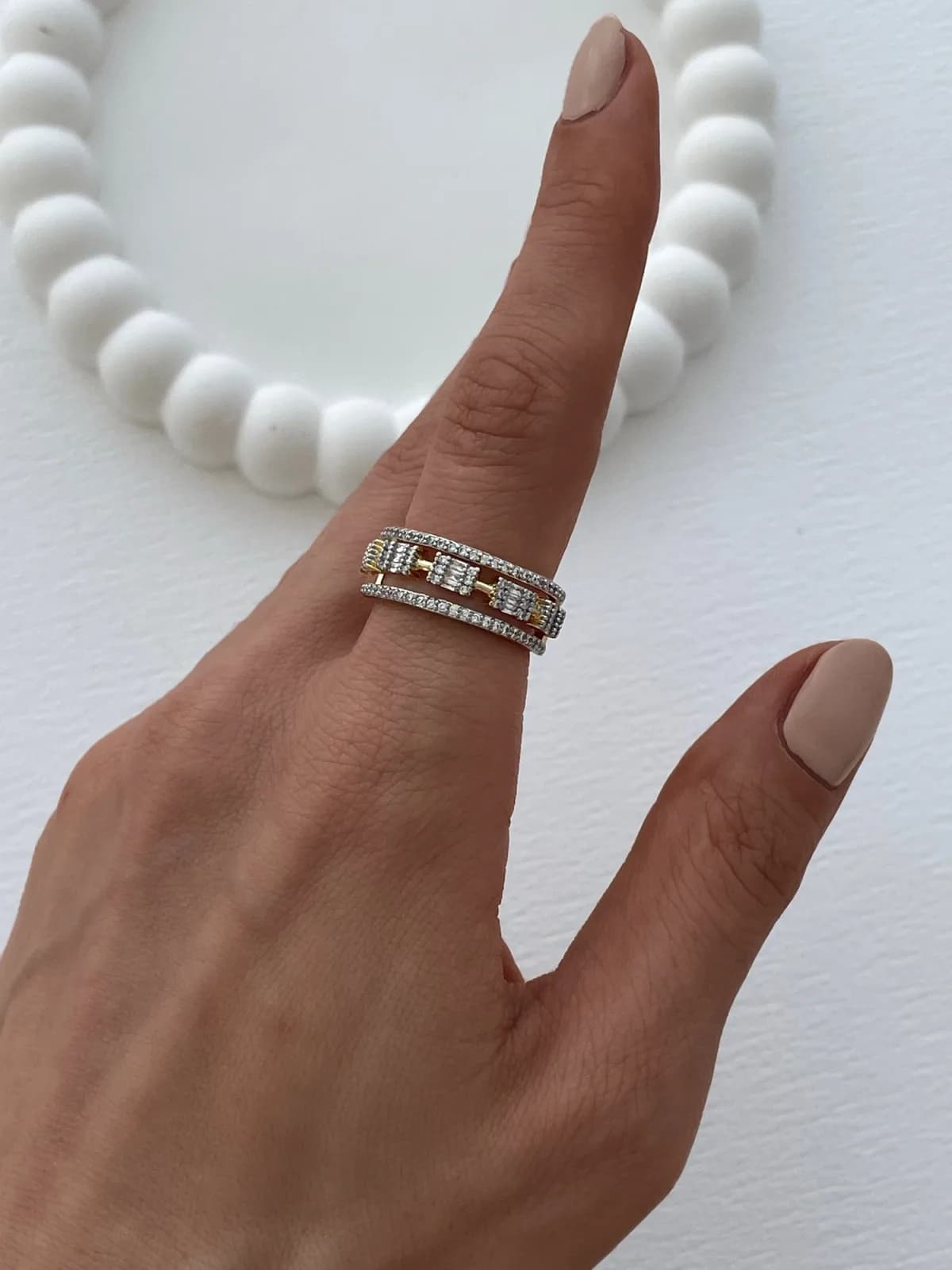 Özel Seri Zirkon&amp;Baget Taşlı Üç Sıra Ayarlanabilir Gold Yüzük