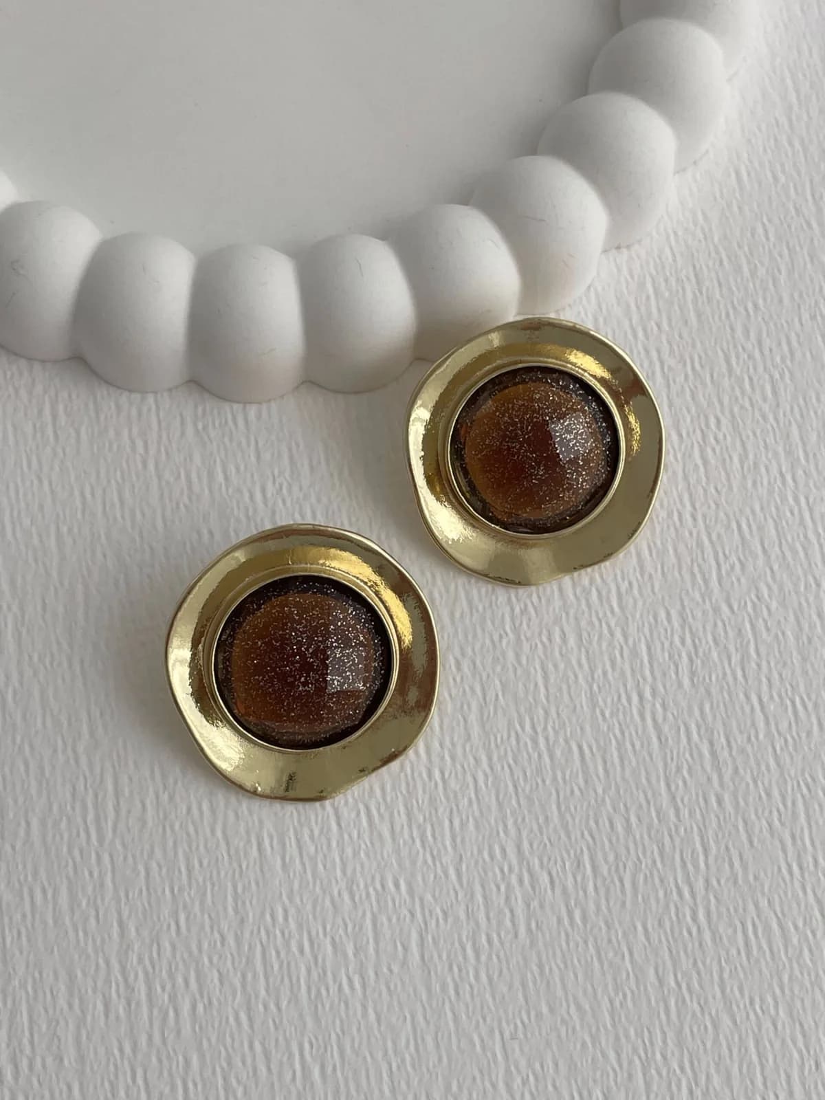 Özel Seri Disko Kahve Kemik İçi Simli Gold Küpe