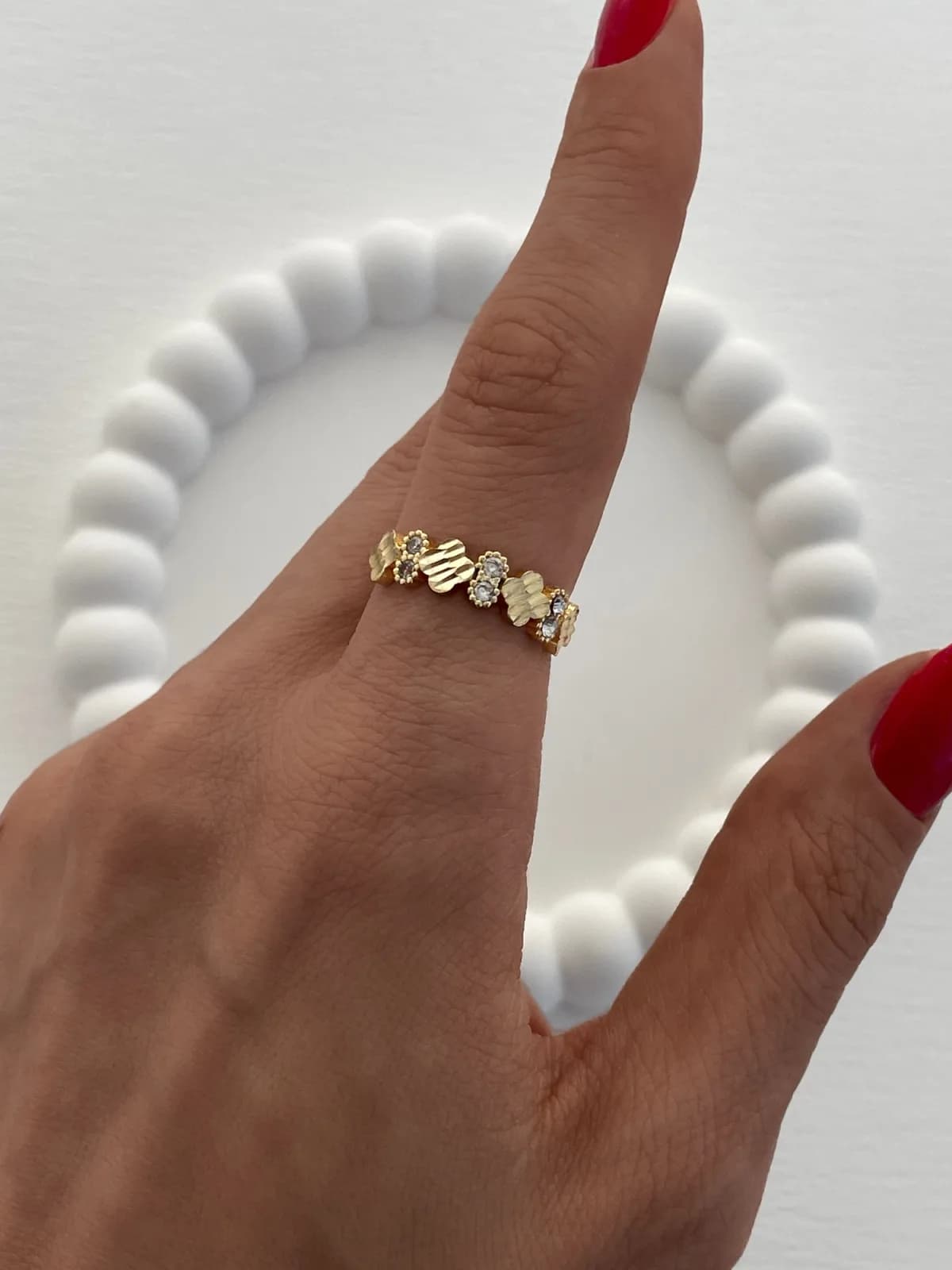 Özel Seri Zirkon Taş Sıralı Mini Yonca Tasarım Ayarlanabilir Gold Yüzük