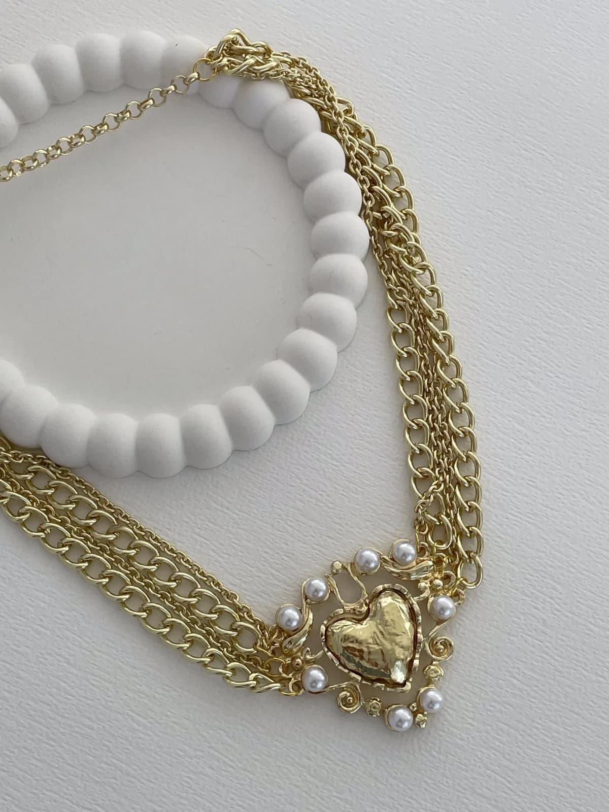 Özel Seri İnci Detay Kalp Tasarım Çoklu Zincir Gold Kolye