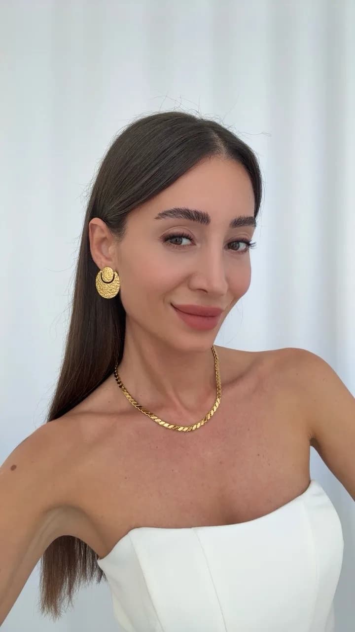 Çelik Desenli İç içe Oval Tasarım Gold Küpe