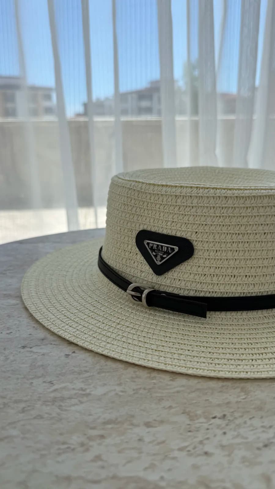 PR Marka Model Siyah Kemer Detay Krem Hasır Şapka