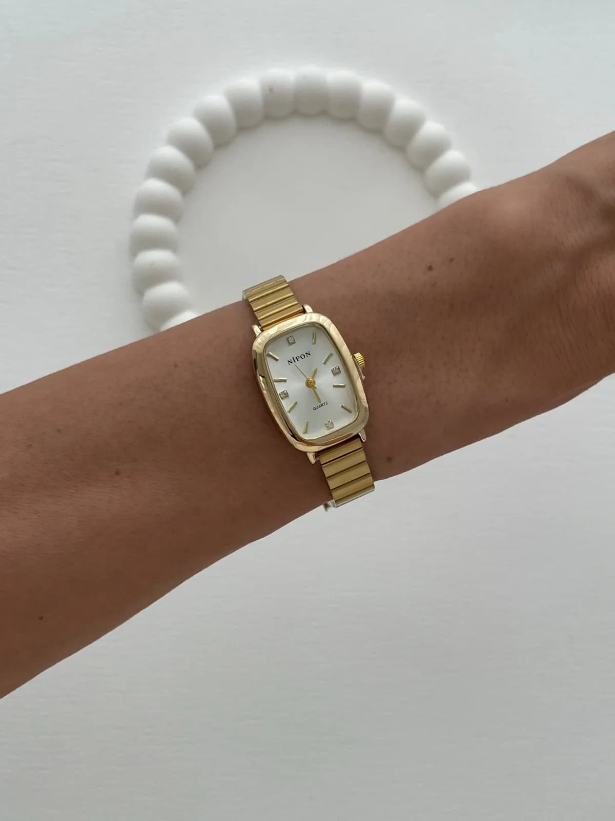 Dikdörtgen Tasarım Kadranı Beyaz Gold Vintage Saat