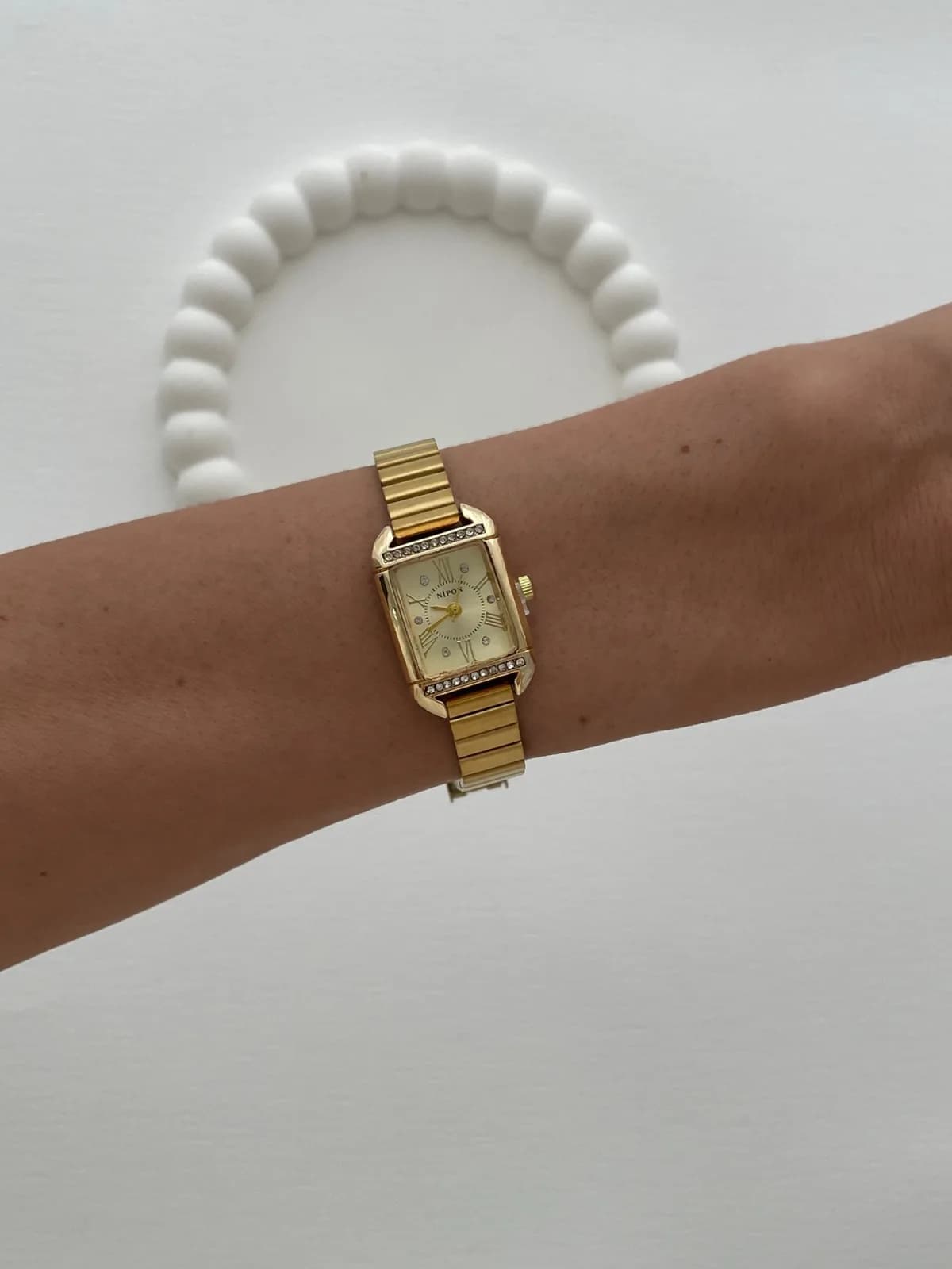 Dikdörtgen Tasarım Zirkon Taşlı Kadranı Sarı Gold Vintage Saat